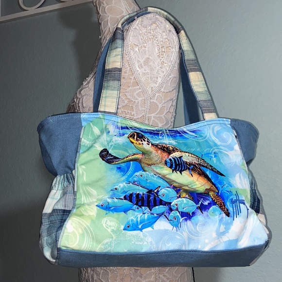 Nwt Guy Harvey Blue Ocean Sea Turtle Large Shoulder Beach Tote Bag - Picture 6 of 16